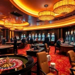 Fabet casino scene with luxurious roulette wheels and poker tables alive with excitement.