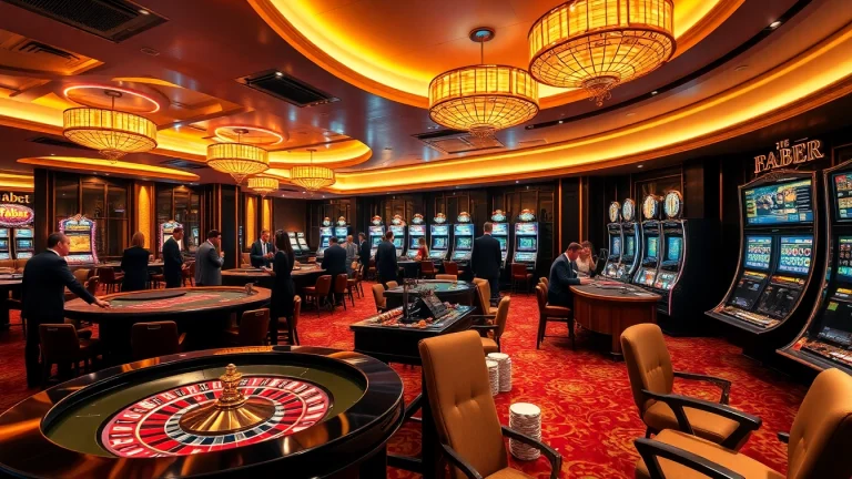 Fabet casino scene with luxurious roulette wheels and poker tables alive with excitement.