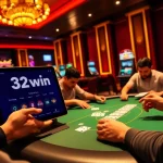 32win players celebrating a win at poker in a vibrant casino atmosphere.