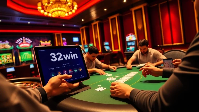 32win players celebrating a win at poker in a vibrant casino atmosphere.