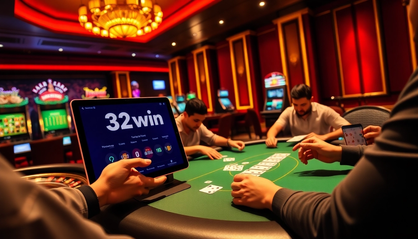 32win players celebrating a win at poker in a vibrant casino atmosphere.