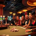 Players enjoying a vibrant game at a casino table featuring Win55 in the background.