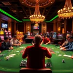 Players strategizing at a poker table in the luxurious RR88 casino environment.