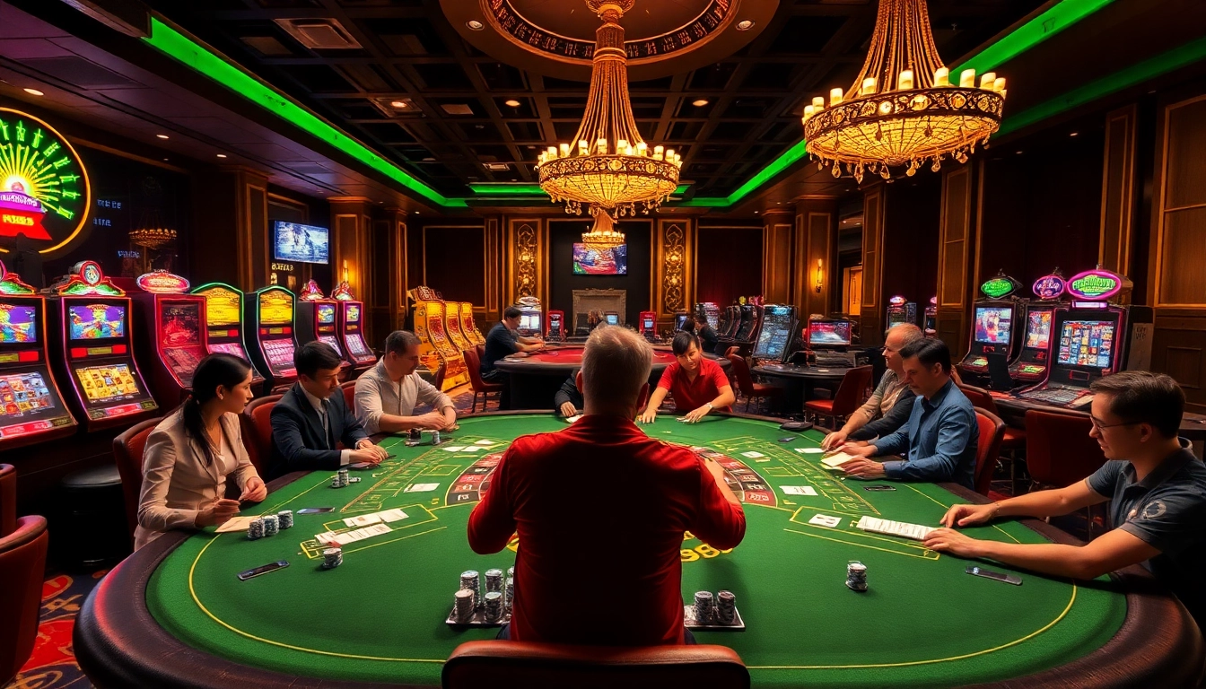 Players strategizing at a poker table in the luxurious RR88 casino environment.