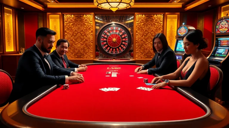 Players enjoying a high-stakes game at LV88 casino with vibrant poker chips and cards.
