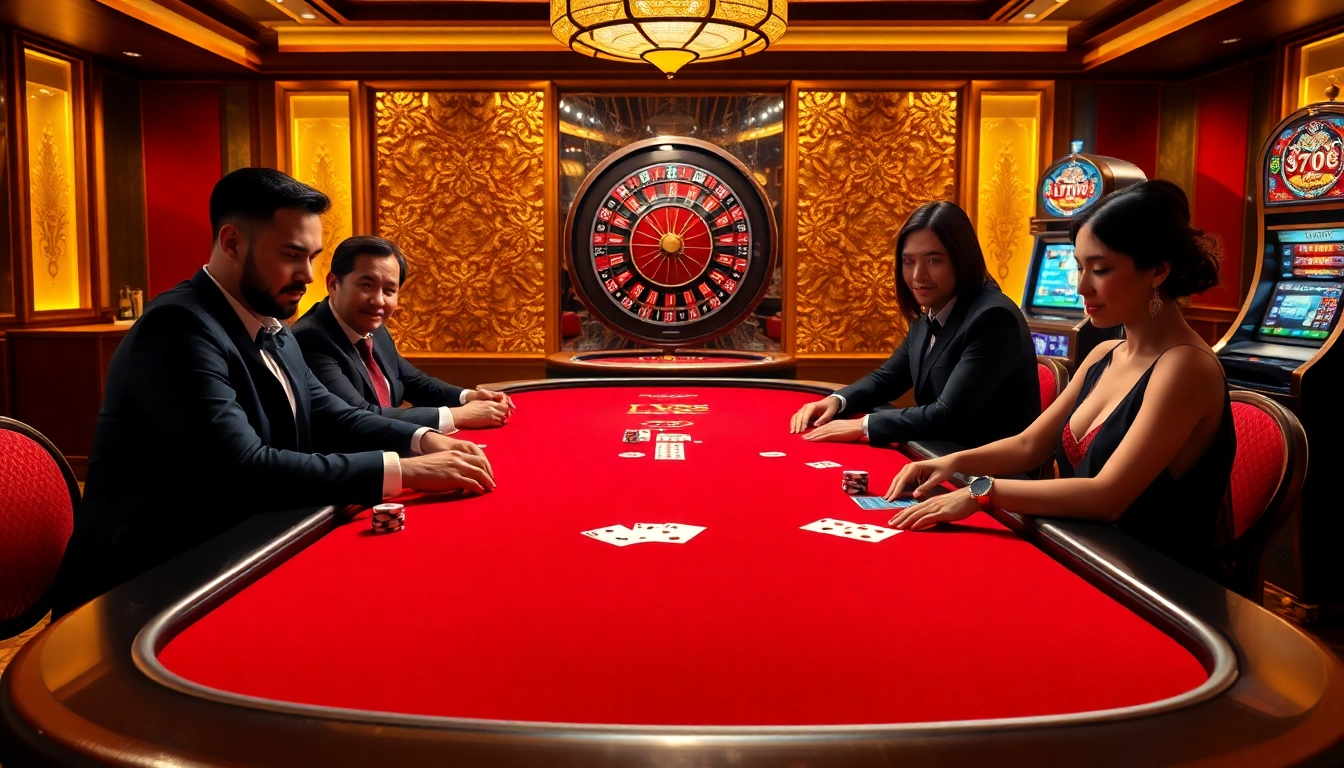 Players enjoying a high-stakes game at LV88 casino with vibrant poker chips and cards.