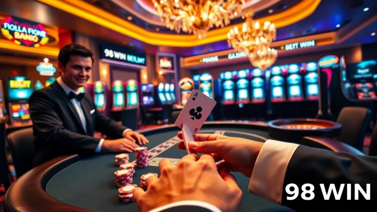 Experience the excitement of high-stakes poker at 98WIN with vibrant casino visuals.