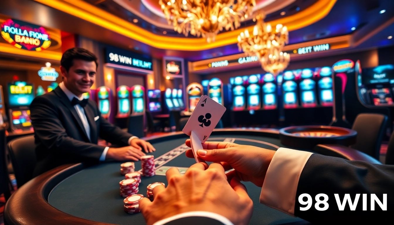 Experience the excitement of high-stakes poker at 98WIN with vibrant casino visuals.