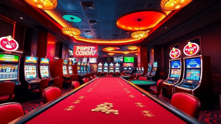 Explore the vibrant casino atmosphere of Trang Chủ OKFUN, showcasing engaging gaming elements in a modern, exciting setting.