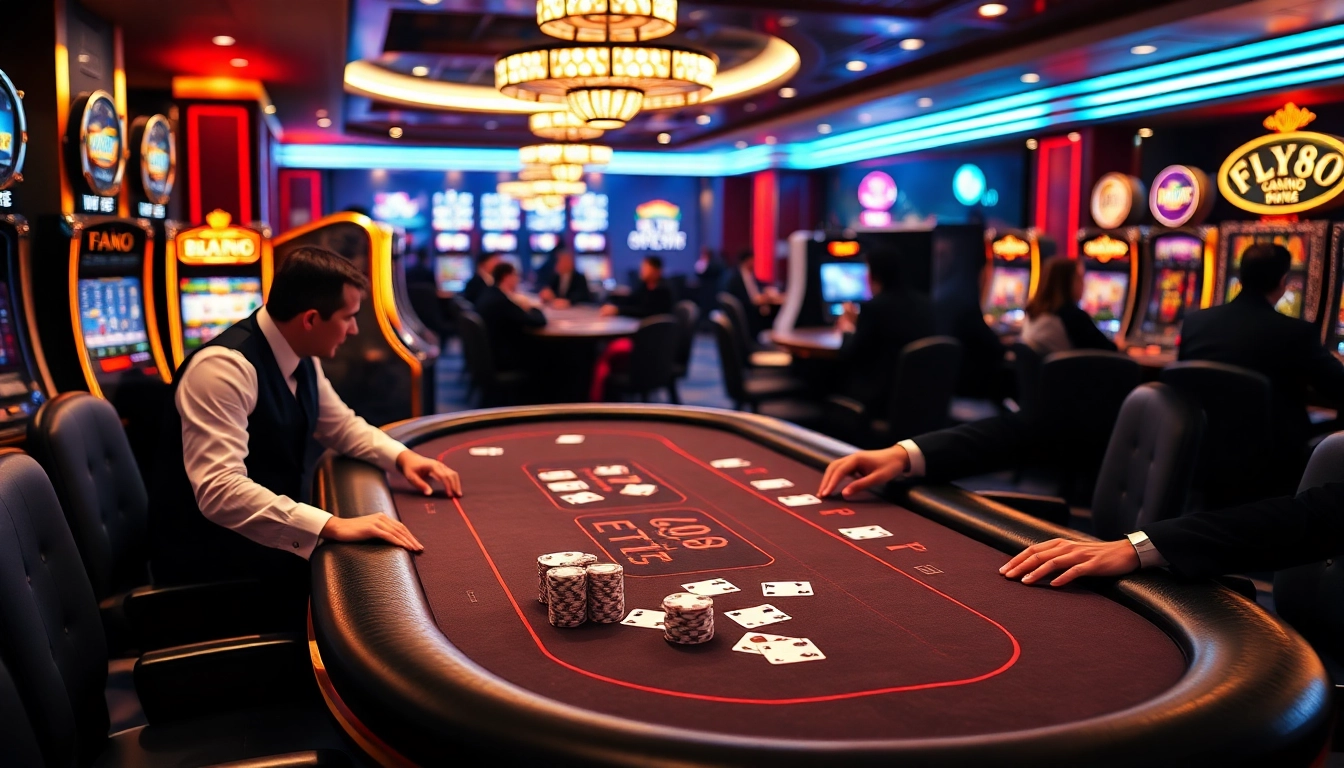 FLY88 gaming table featuring professional dealers and vibrant poker chips in a luxurious casino setting.
