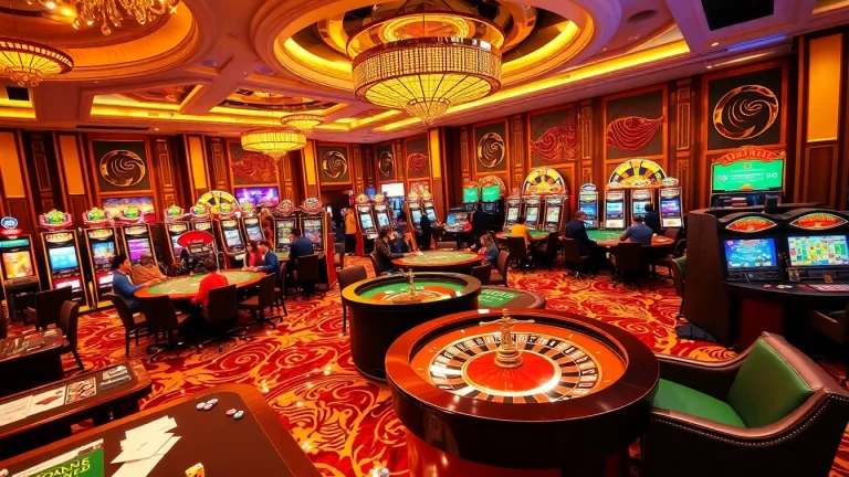 Engaging scene at Nhà cái go99 with players enjoying various casino games and vibrant slot machines.