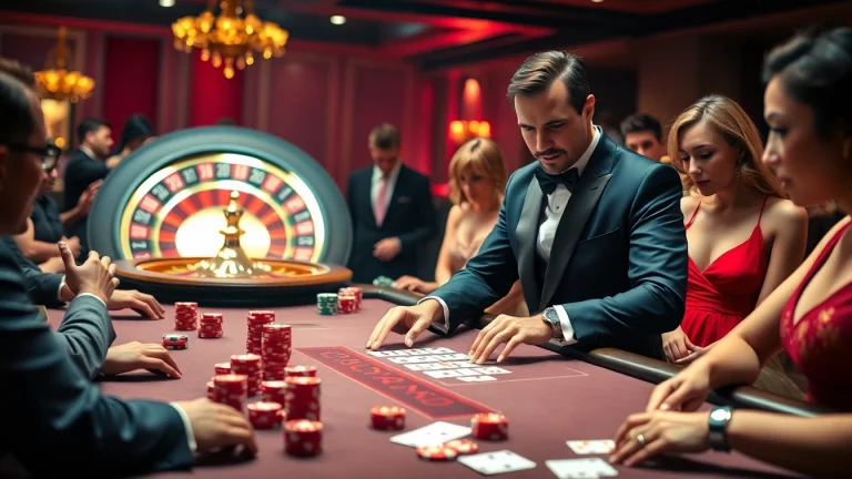 Luck8 casino scene with a poker table, chips, and a professional dealer in a vibrant gaming atmosphere.