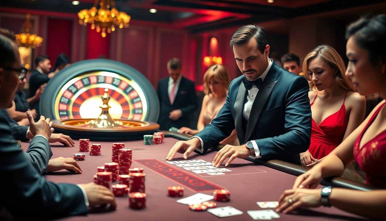 Luck8 casino scene with a poker table, chips, and a professional dealer in a vibrant gaming atmosphere.