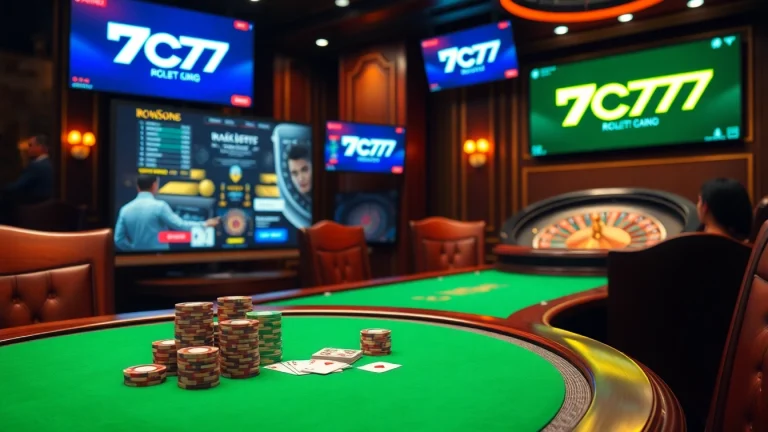 Experience the thrill of 7C77 with vibrant poker chips and a stylish casino table.