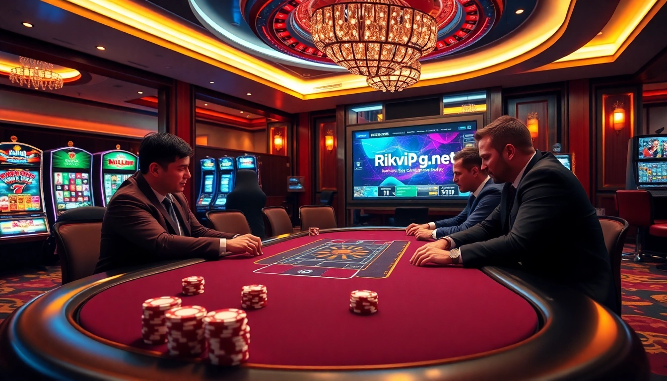 Experience the thrill of gambling at rikvip.gb.net with a vibrant poker game scene featuring professionals and luxurious casino details.