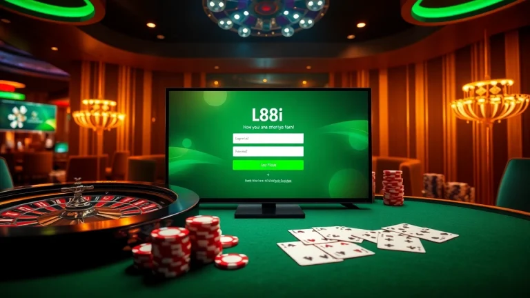 Excited players engaging with the 88i đăng nhập online casino interface surrounded by vibrant poker chips and cards.