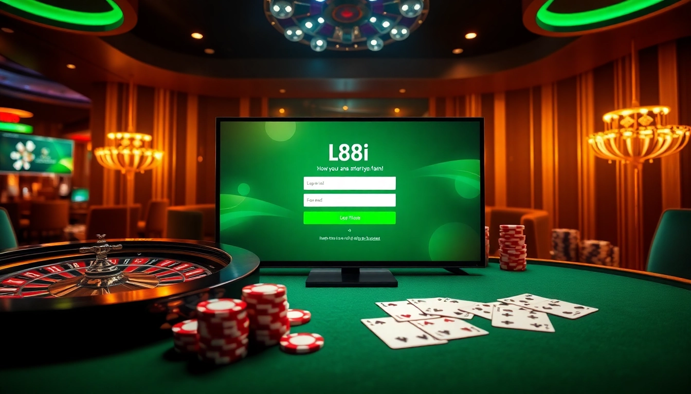 Excited players engaging with the 88i đăng nhập online casino interface surrounded by vibrant poker chips and cards.