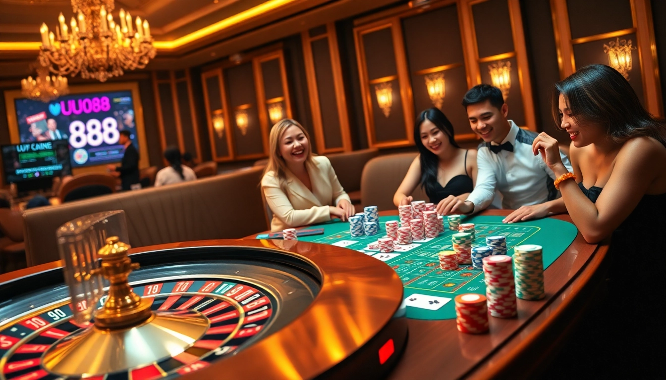 UU88 gaming scene showcasing players engaged at a casino table with cards and chips.