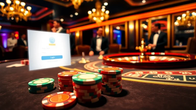 Experience Login excitement with a poker game surrounded by vibrant casino elements and a secure online interface.