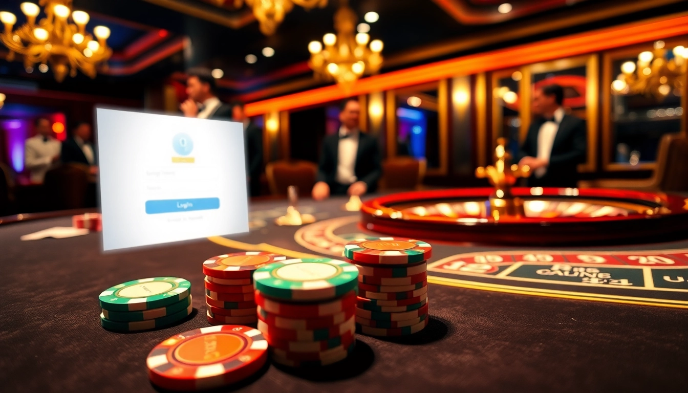 Experience Login excitement with a poker game surrounded by vibrant casino elements and a secure online interface.