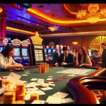 Gamblers enjoying a lively poker game at Nhà cái Hm88 casino, with vibrant slot machines and roulette wheel.