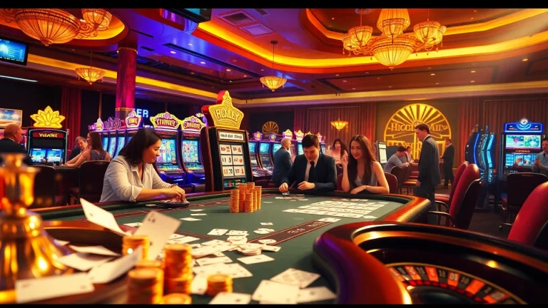Gamblers enjoying a lively poker game at Nhà cái Hm88 casino, with vibrant slot machines and roulette wheel.