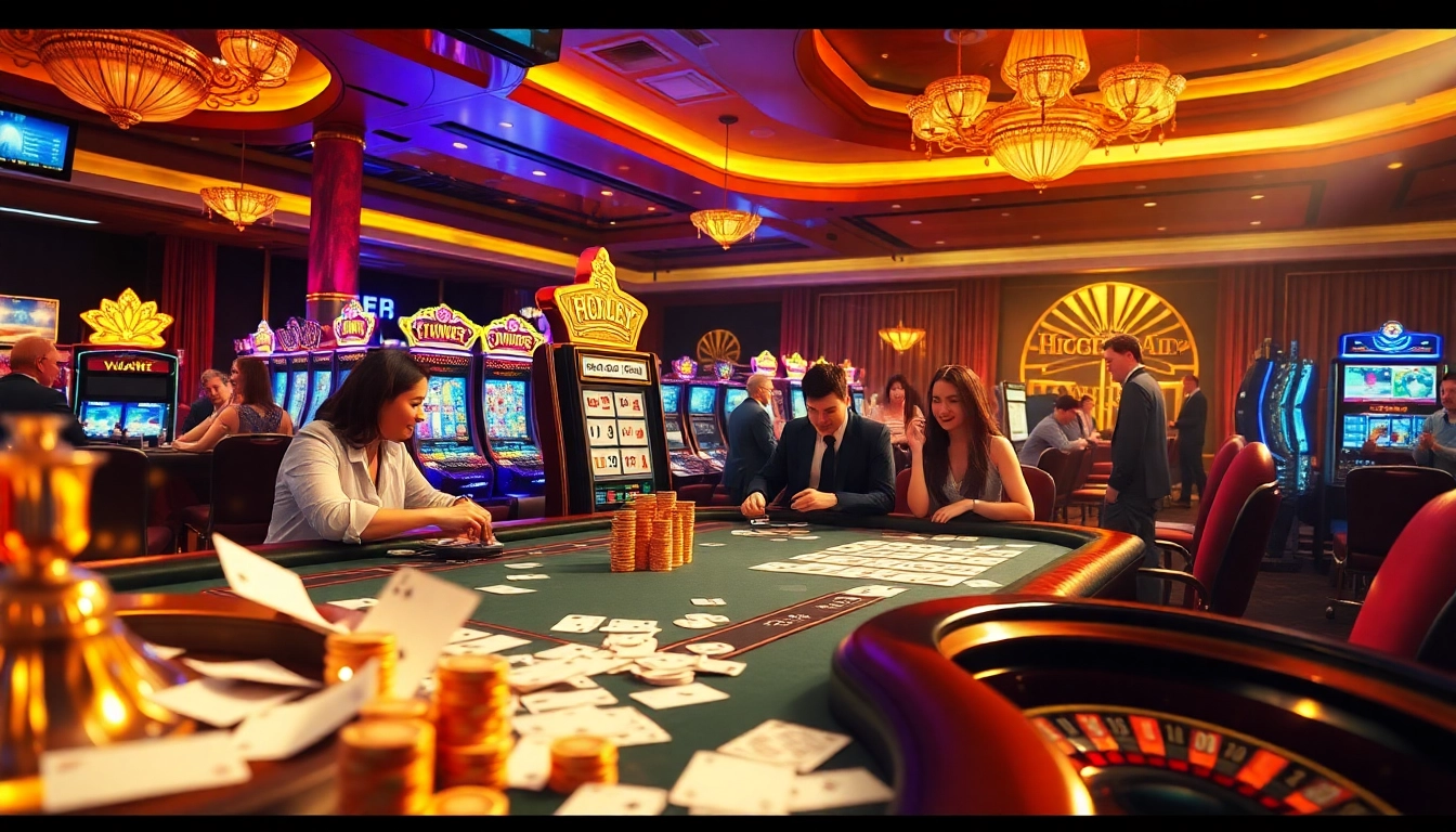 Gamblers enjoying a lively poker game at Nhà cái Hm88 casino, with vibrant slot machines and roulette wheel.