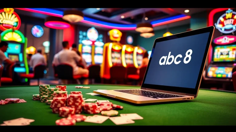 Experience thrilling gameplay at abc8 casino with vibrant poker chips and illuminated roulette.