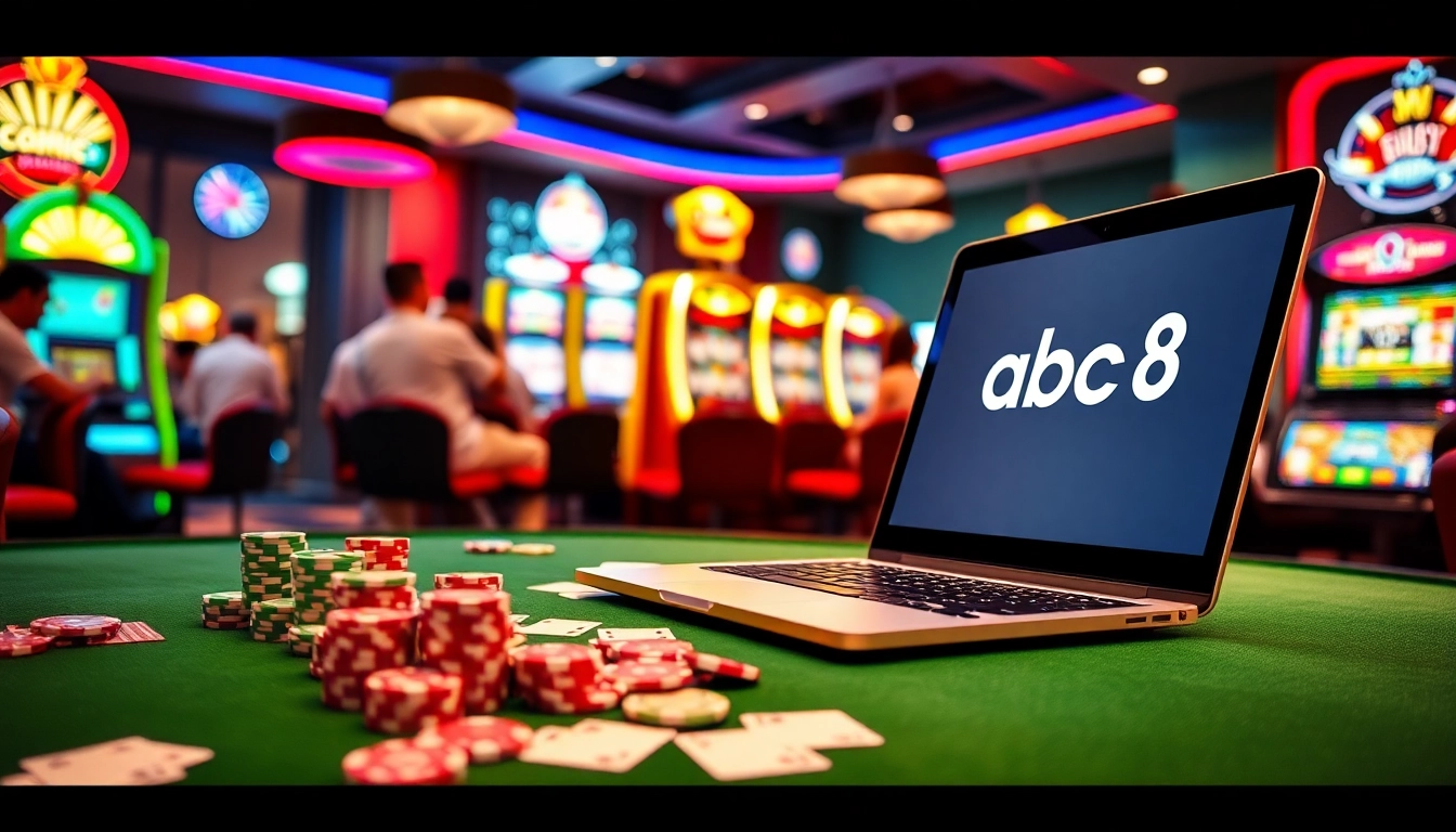 Experience thrilling gameplay at abc8 casino with vibrant poker chips and illuminated roulette.