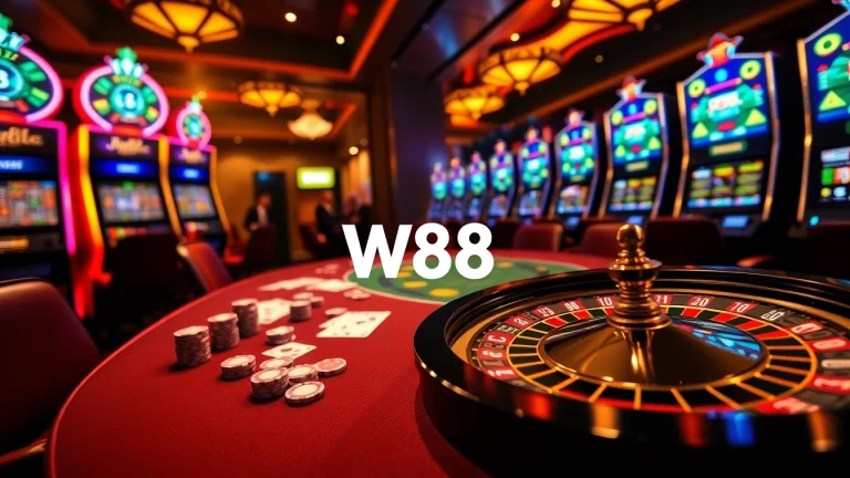 Experience the excitement of gambling with W88 at a luxurious casino table filled with cards and chips.