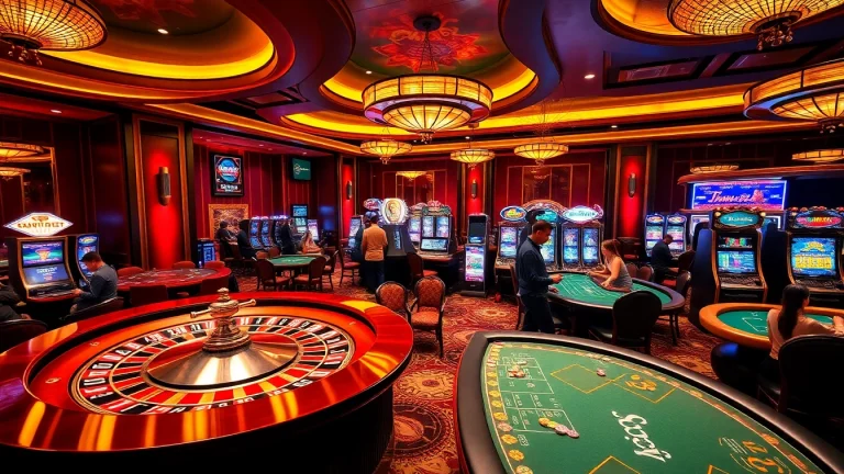 Players enjoying vibrant games at https://rr88.navy/ with roulette wheels and slot machines.