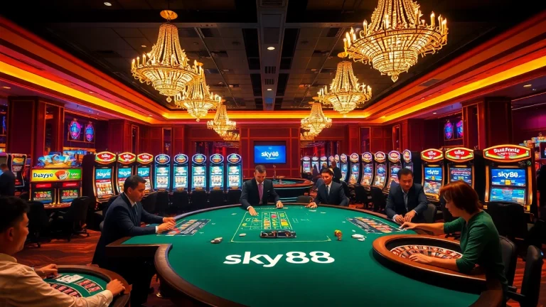 Sky88 casino scene displaying players at gaming tables with lively atmosphere