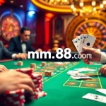 Players enjoy thrilling games at mm88.com, showcasing poker chips and cards on a vibrant casino table.