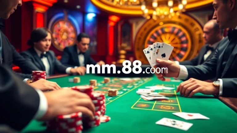 Players enjoy thrilling games at mm88.com, showcasing poker chips and cards on a vibrant casino table.