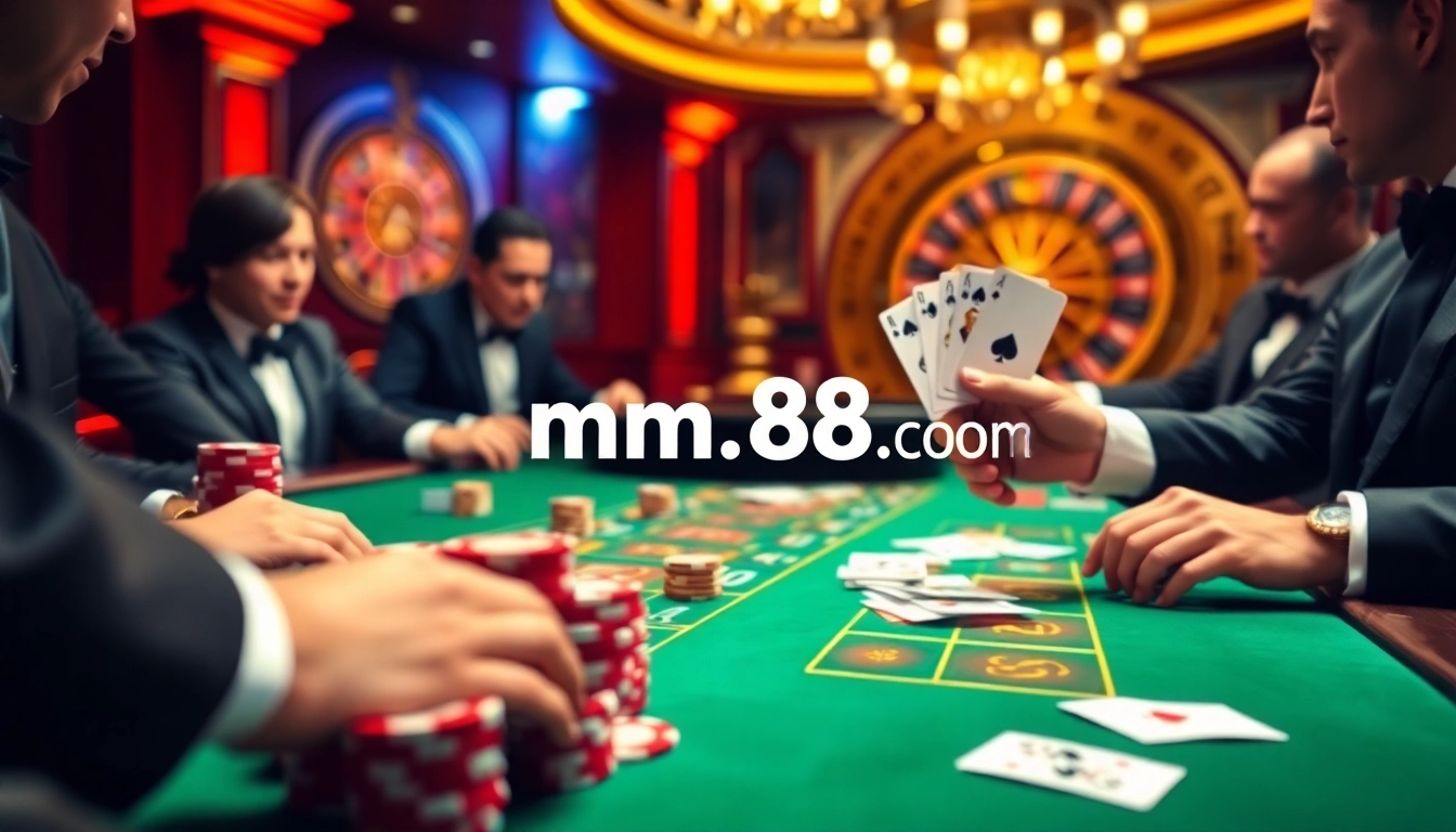 Players enjoy thrilling games at mm88.com, showcasing poker chips and cards on a vibrant casino table.