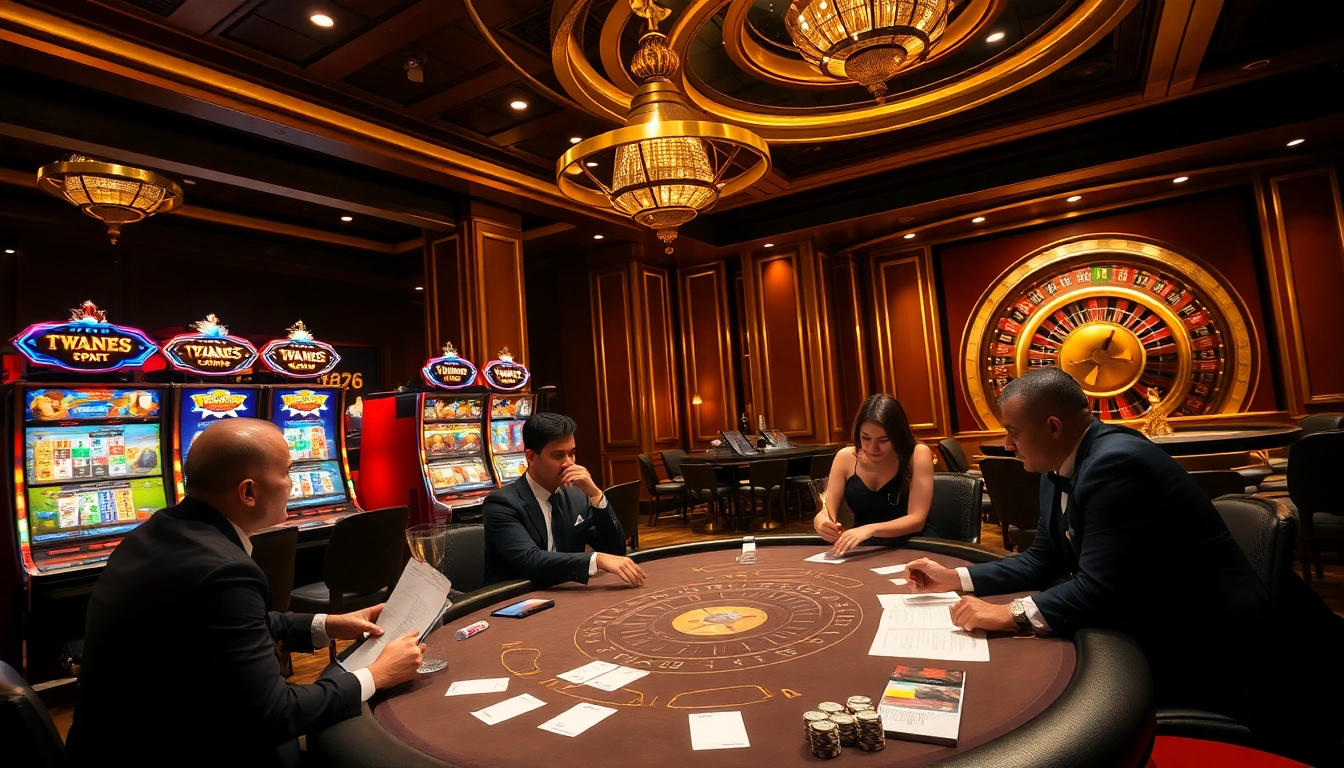 Experience the thrill of gambling at vn23 with vibrant casino scenes featuring slot machines and poker tables.
