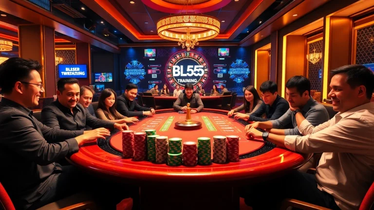 Engage with poker players at a glamorous casino table featuring https://bl555.training/ on digital displays.