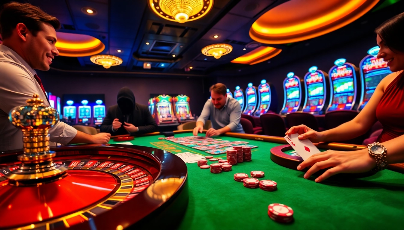 Excited players winning at xin88 casino table with poker chips and cards.