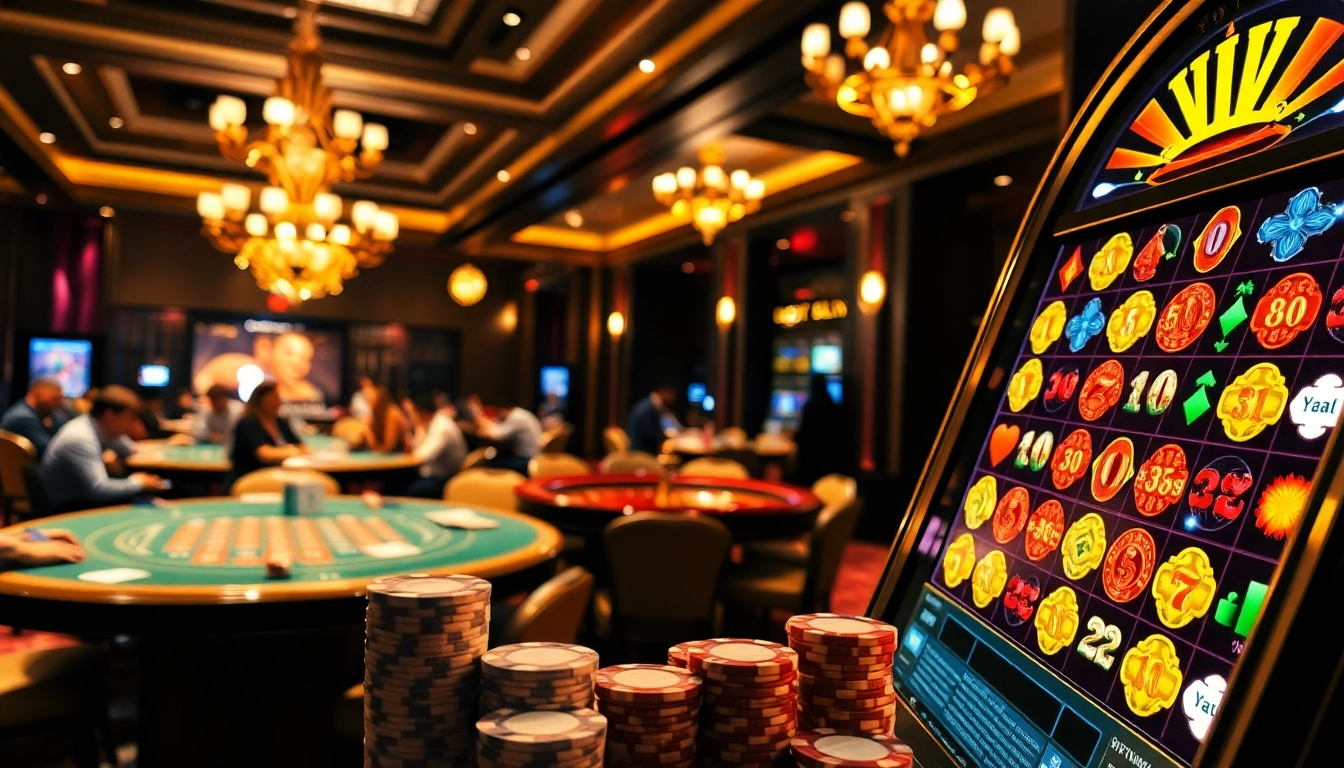 Engaged players enjoying high-stakes poker at 88i casino tables with vibrant slot machines.
