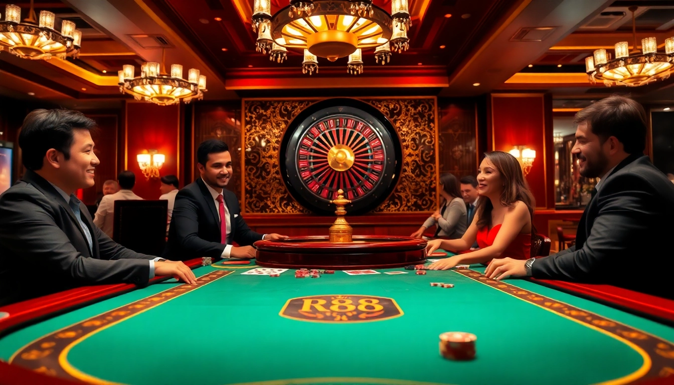 Players enjoying poker and roulette at RR88, experiencing luxury gambling excitement.