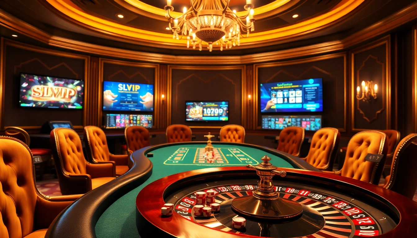 Exciting gambling scene featuring slvip1.com.ph elements with poker chips and roulette wheel.