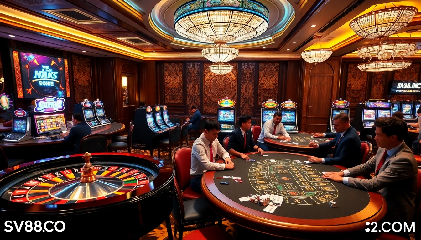 Casino excitement at SV88.COM with vibrant poker tables and roulette wheels.