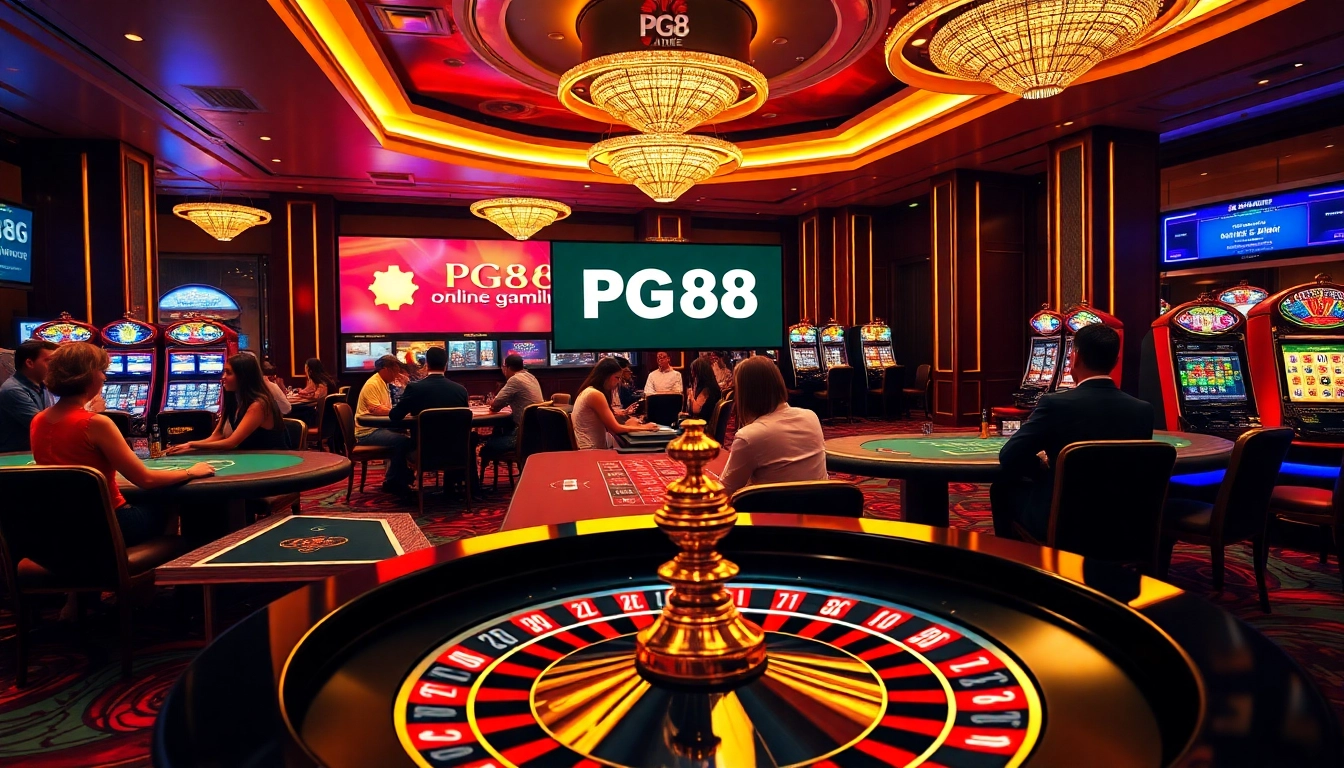 Experience pg88 thrills at a vibrant casino featuring tables, slots, and a roulette wheel.