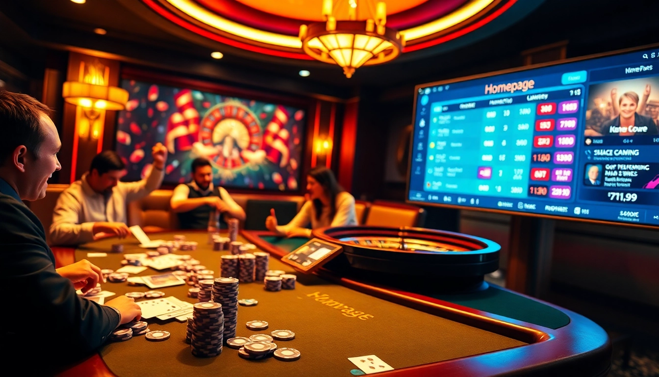 Exciting gambling scene on the Homepage featuring poker and roulette table.