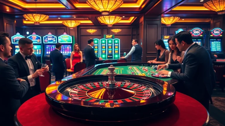 This vibrant casino scene reflects the excitement of gambling at https://lc88x.com/, featuring players, tables, and slot machines.
