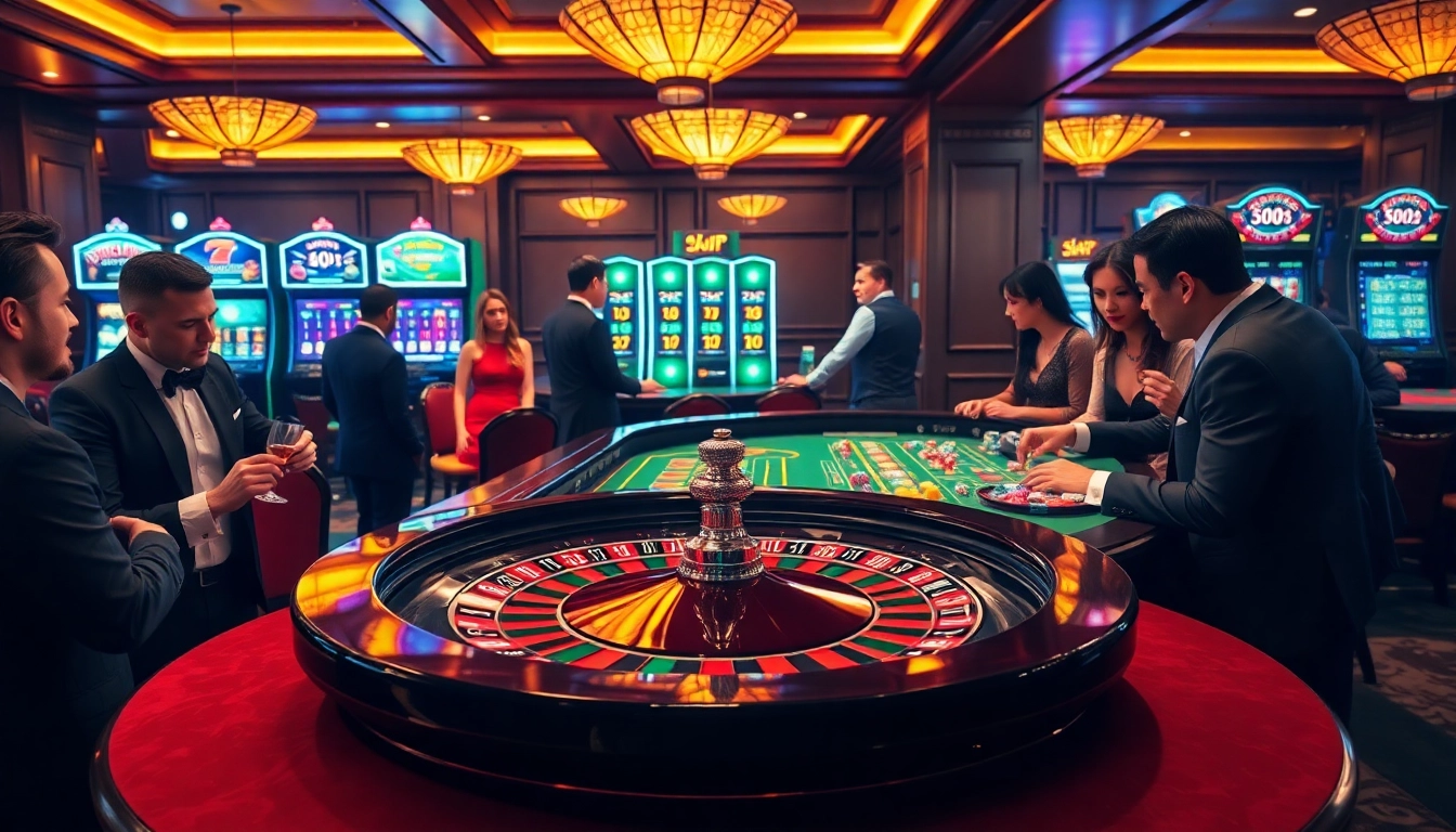 This vibrant casino scene reflects the excitement of gambling at https://lc88x.com/, featuring players, tables, and slot machines.