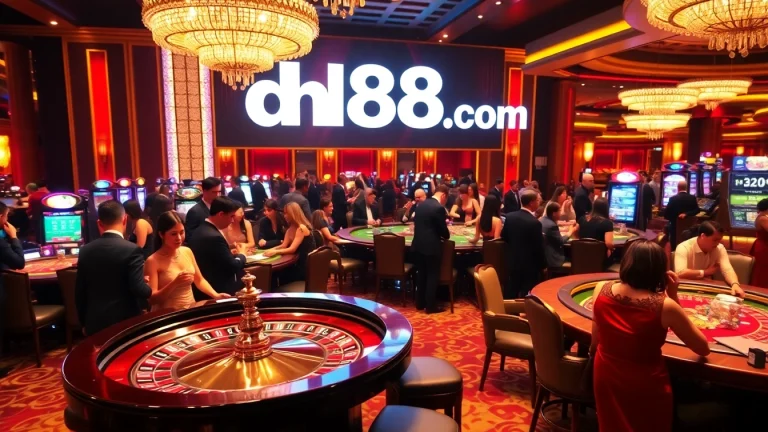 Gambling excitement at DH88 com with players at a roulette table in a luxurious casino.