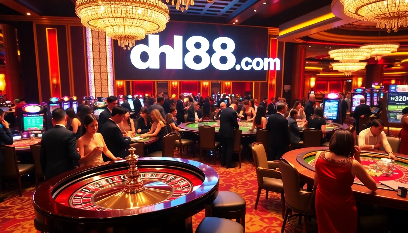 Gambling excitement at DH88 com with players at a roulette table in a luxurious casino.