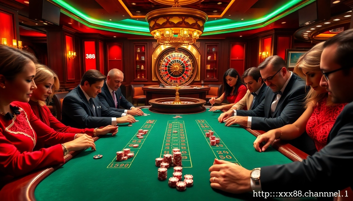 Players strategize at the poker table in a luxurious casino atmosphere at https://xx88.channel/ with vibrant chips and cards.