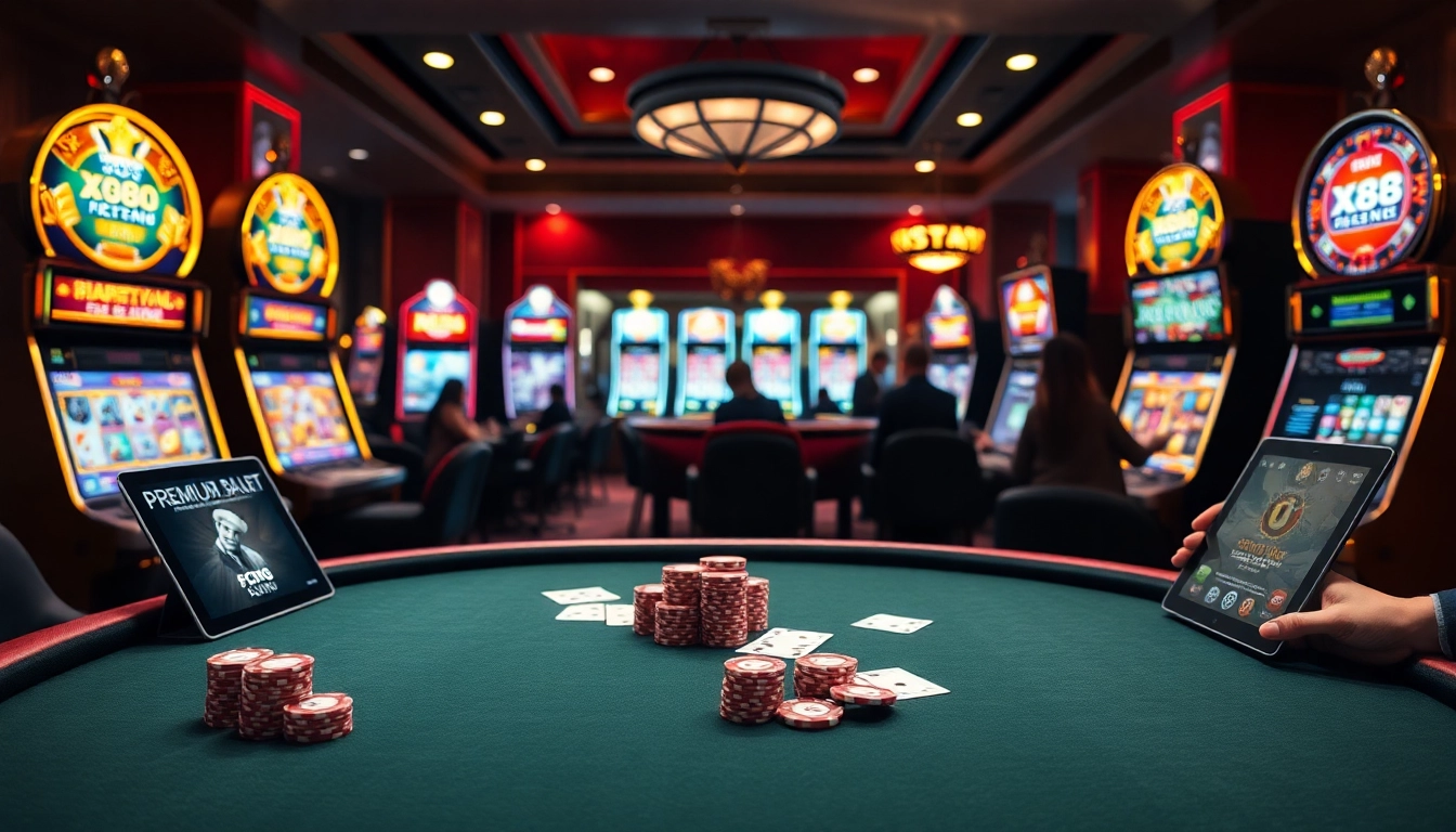 X88.com showcases an engaging casino scene with luxury poker tables and captivating slot machines.